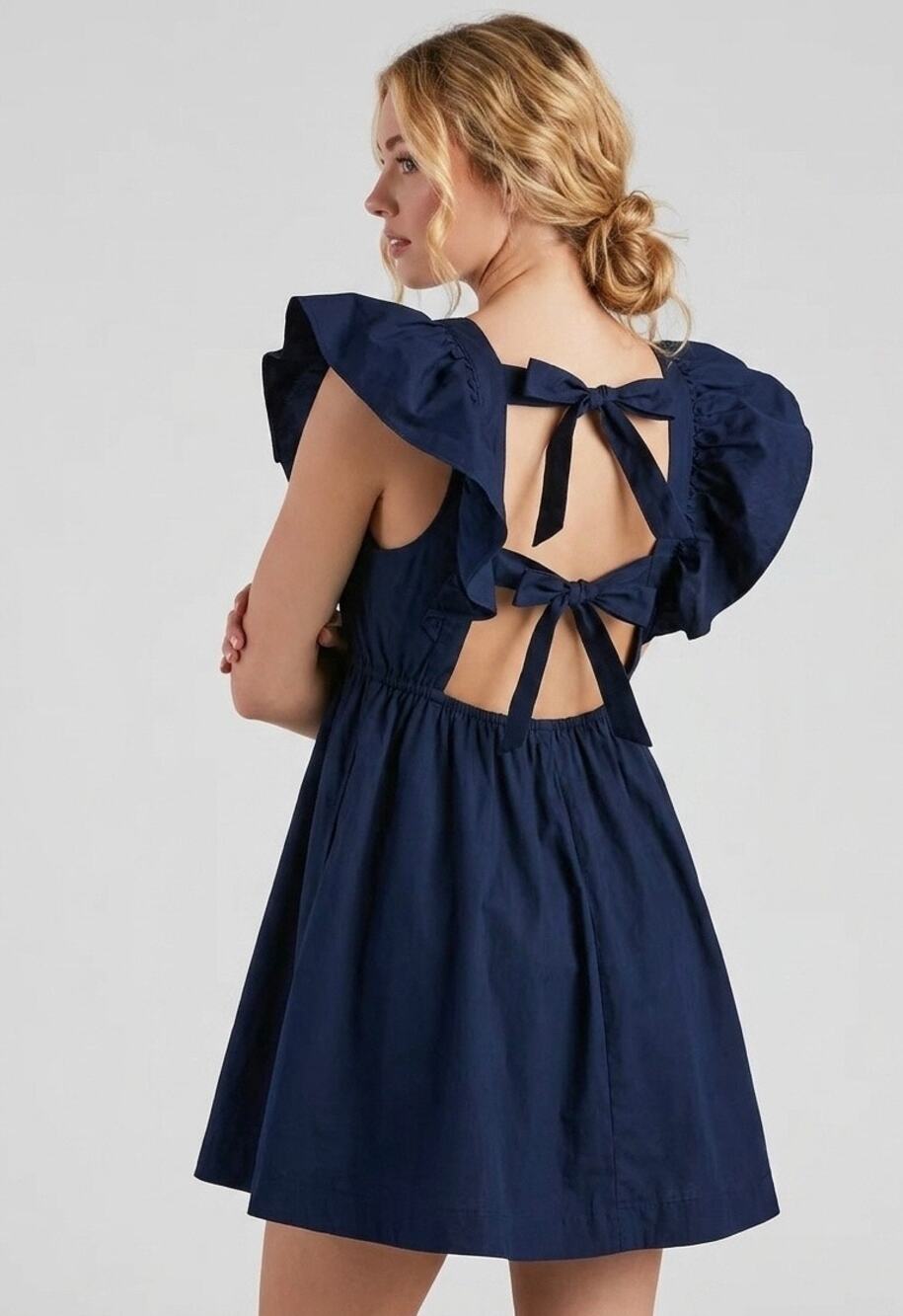 Day + Moon Ruffle Sleeve Tie Back Dress in navy